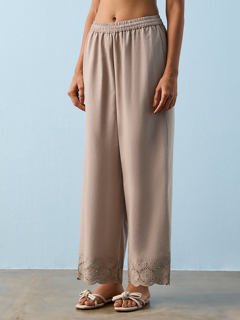 Utsa Taupe Floral Embroidered Pants
