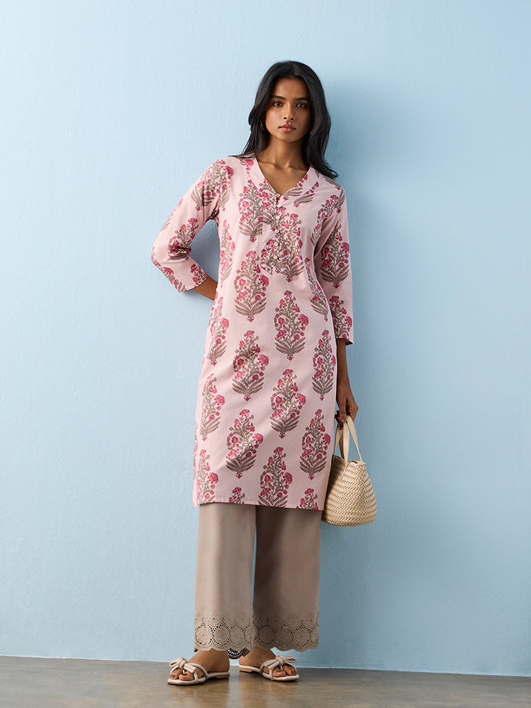Utsa Taupe Floral Embroidered Pants
