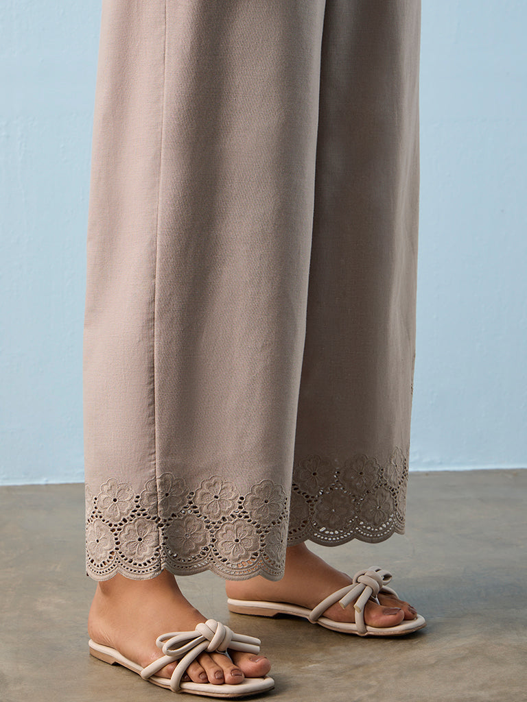 Utsa Taupe Floral Embroidered Pants