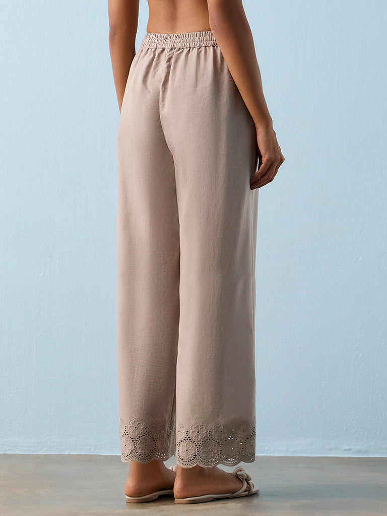 Utsa Taupe Floral Embroidered Pants