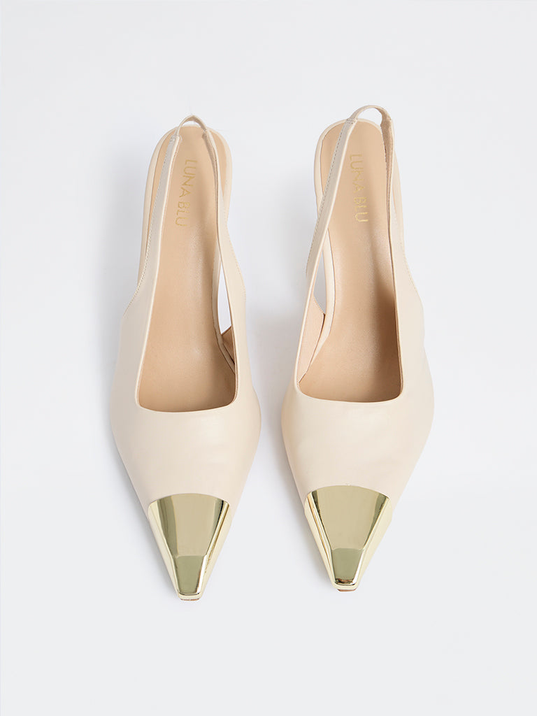 LUNA BLU Ivory Metallic Toe-Cap Slingback Heel Shoes