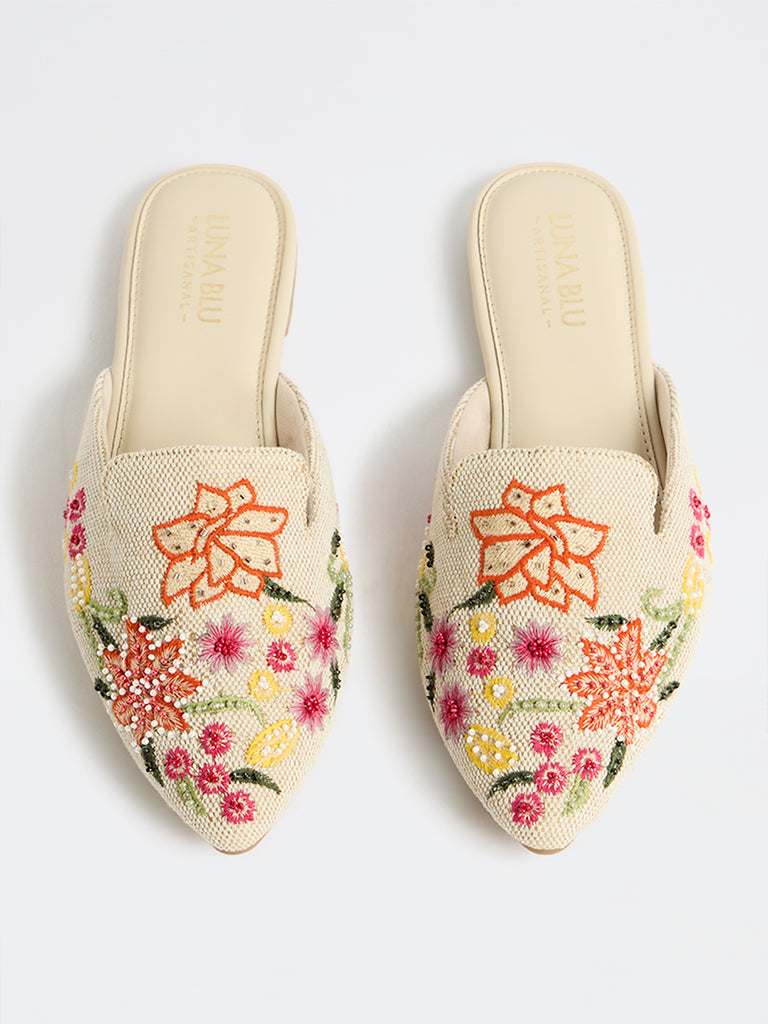 LUNA BLU Cream Floral Embroidered Mules