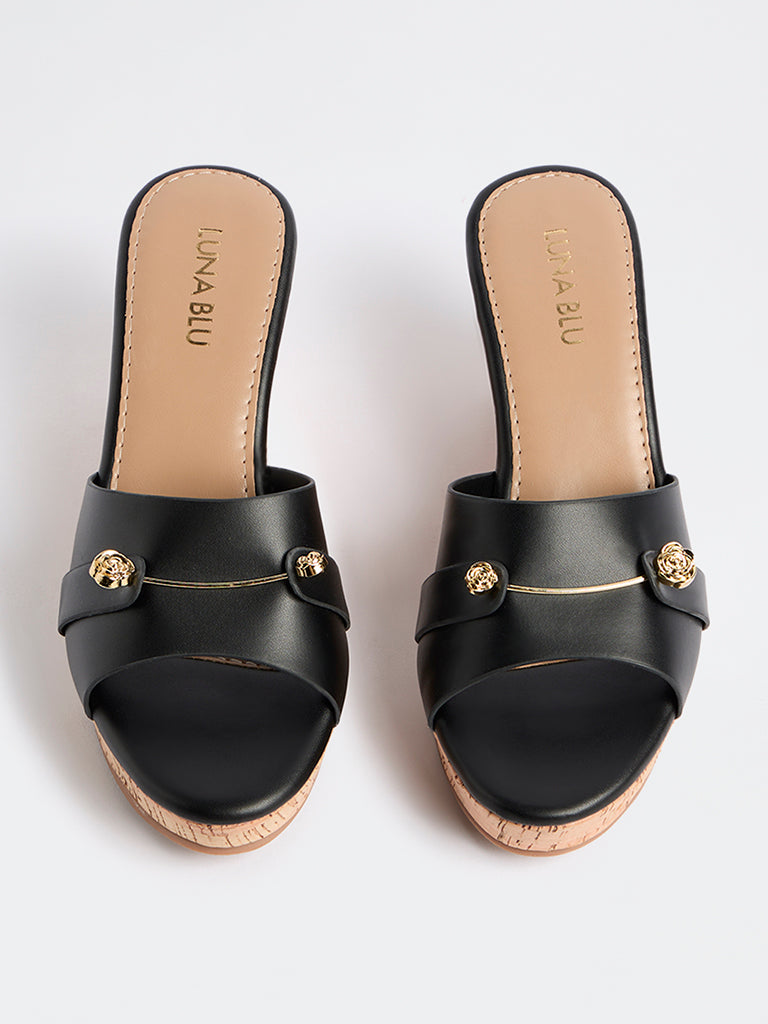 LUNA BLU Black Wedge Heel Sandals