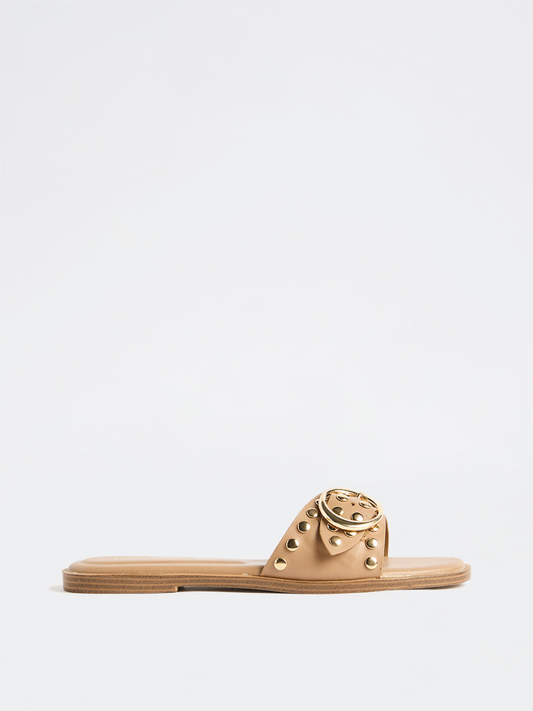 LUNA BLU Beige Studded Detail Slides