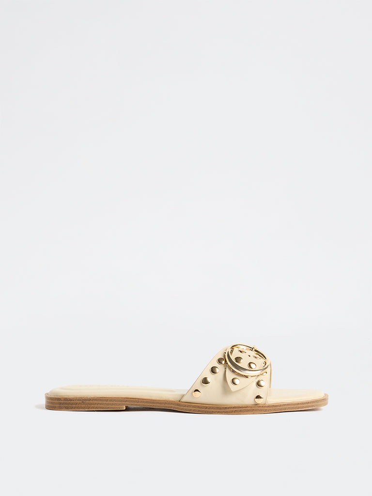 LUNA BLU Ivory Studded Detail Slides