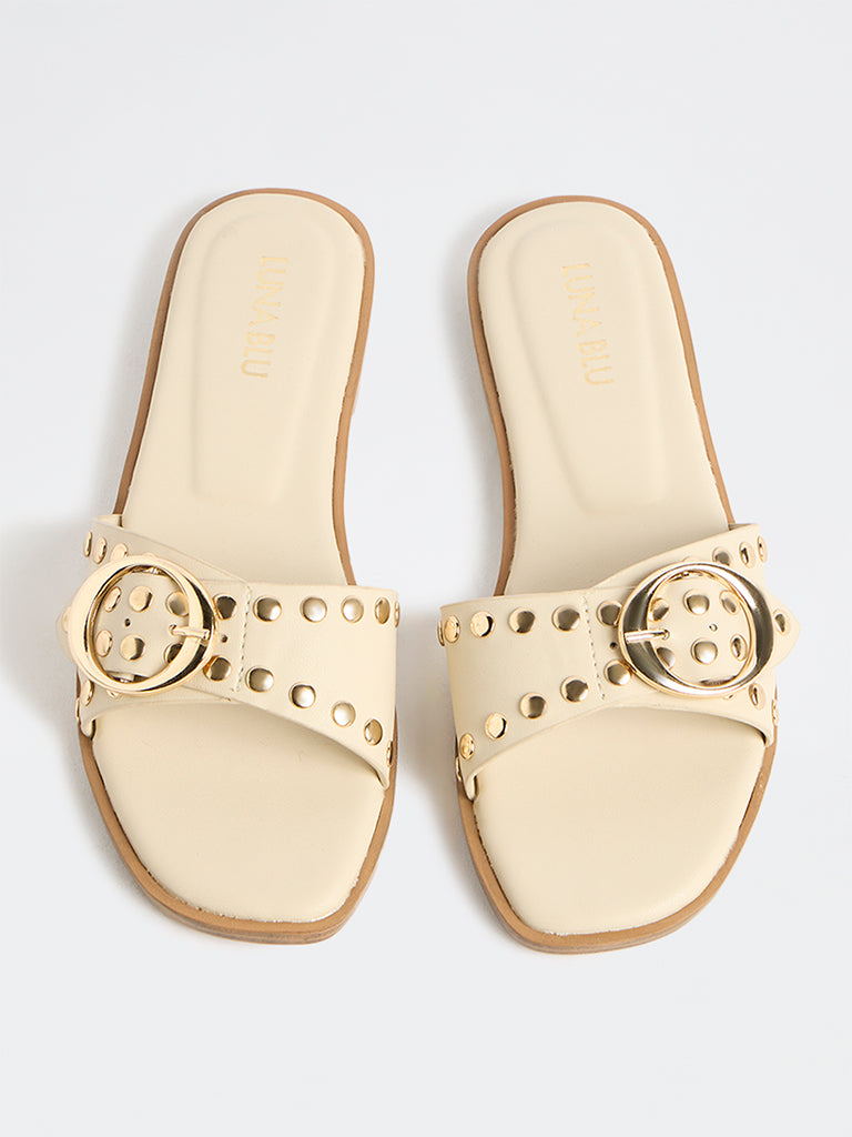 LUNA BLU Ivory Studded Detail Slides
