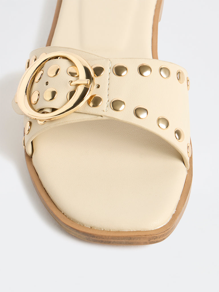 LUNA BLU Ivory Studded Detail Slides