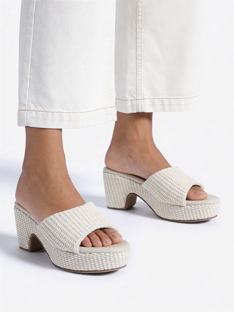 LUNA BLU Ivory Raffia Textured Mules