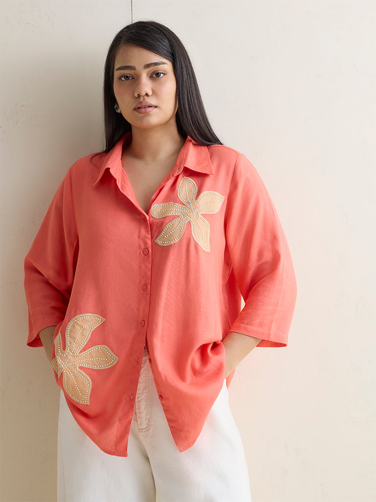 Gia Coral Floral Embroidered Shirt