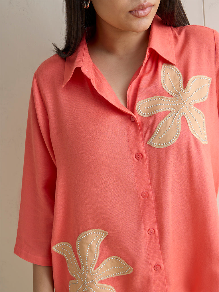 Gia Coral Floral Embroidered Shirt