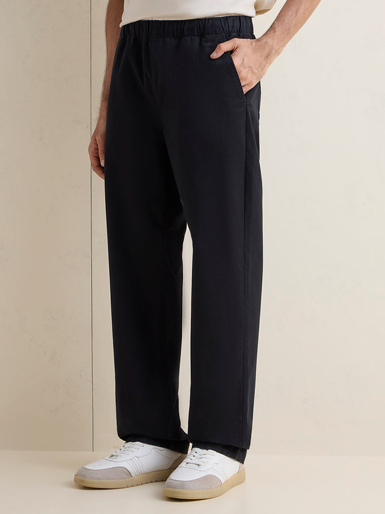 WES Casuals Cotton-Blend Black Relaxed-Fit Mid-Rise Chinos