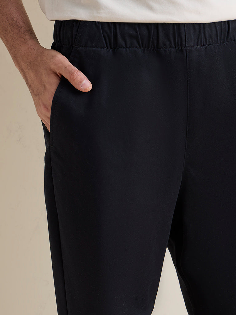 WES Casuals Cotton-Blend Black Relaxed-Fit Mid-Rise Chinos