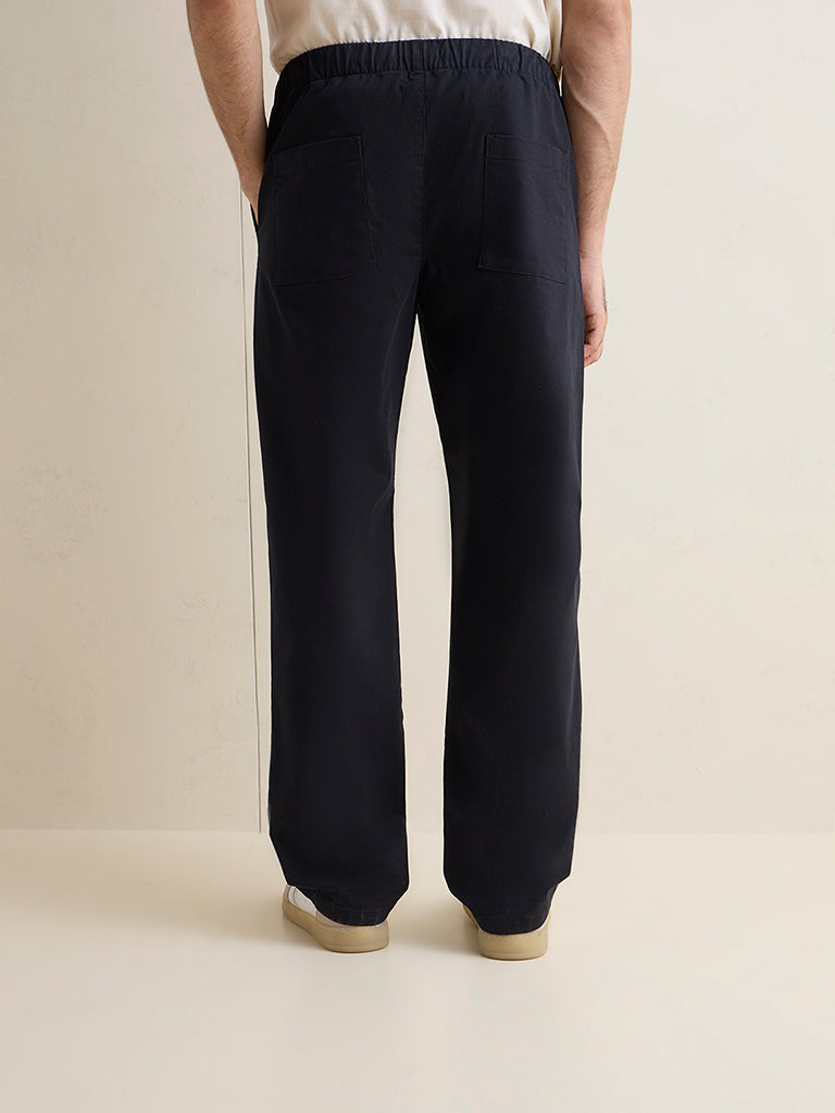 WES Casuals Cotton-Blend Black Relaxed-Fit Mid-Rise Chinos