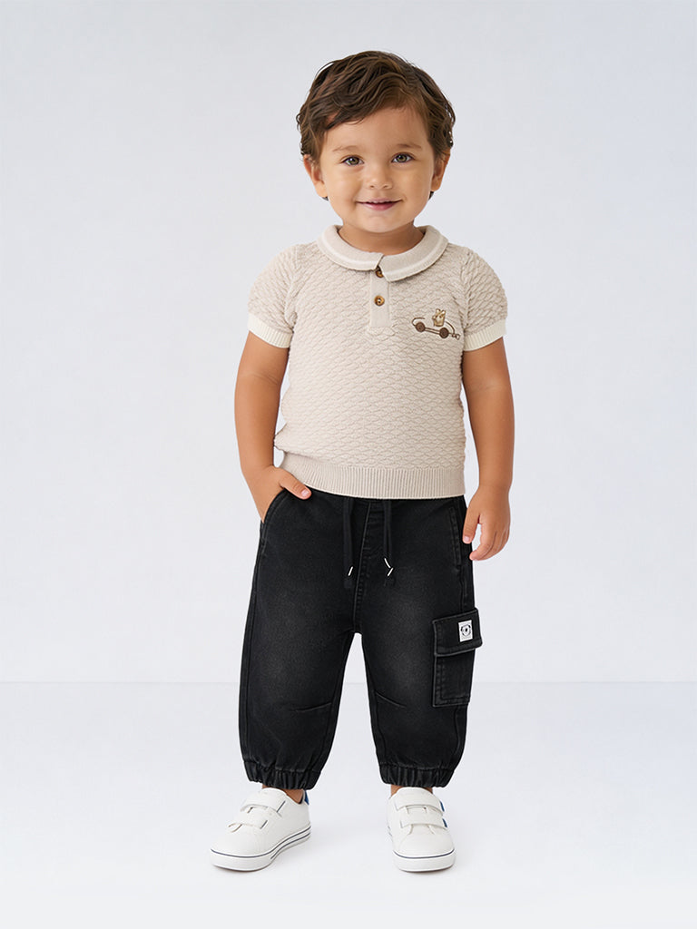 HOP Baby Boys Beige Cable-Knit Textured Cotton Polo T-Shirt