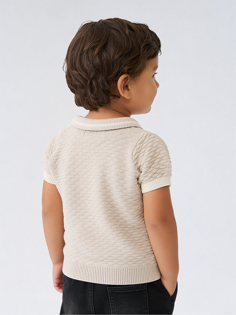 HOP Baby Boys Beige Cable-Knit Textured Cotton Polo T-Shirt