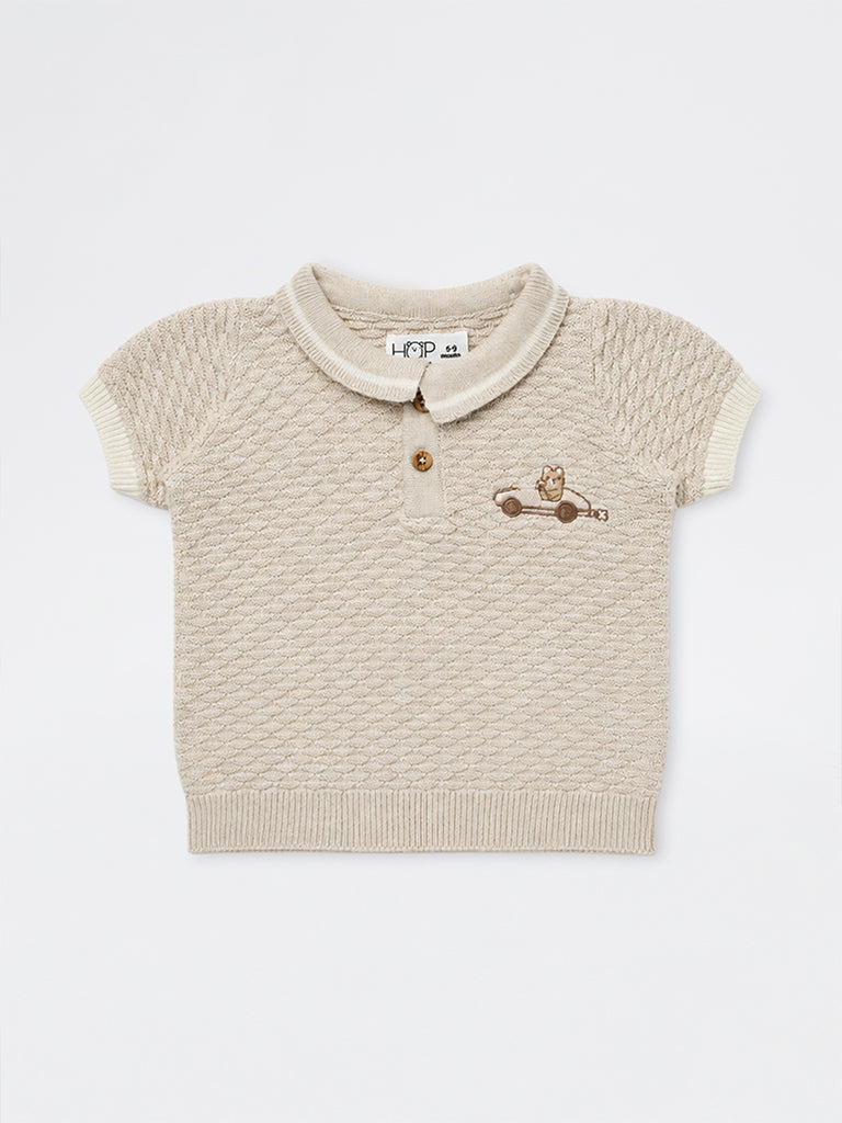 HOP Baby Boys Beige Cable-Knit Textured Cotton Polo T-Shirt