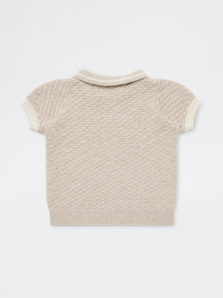 HOP Baby Boys Beige Cable-Knit Textured Cotton Polo T-Shirt