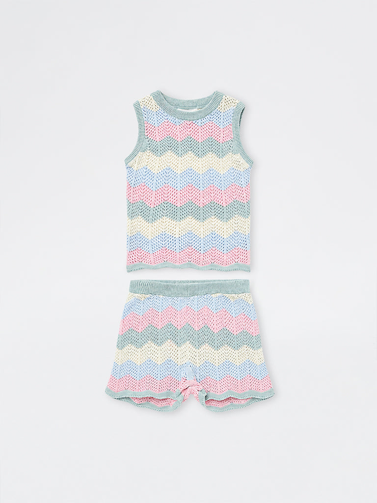 HOP Baby Girls Multicolour Chevron Pattern Cotton Top and Shorts Set