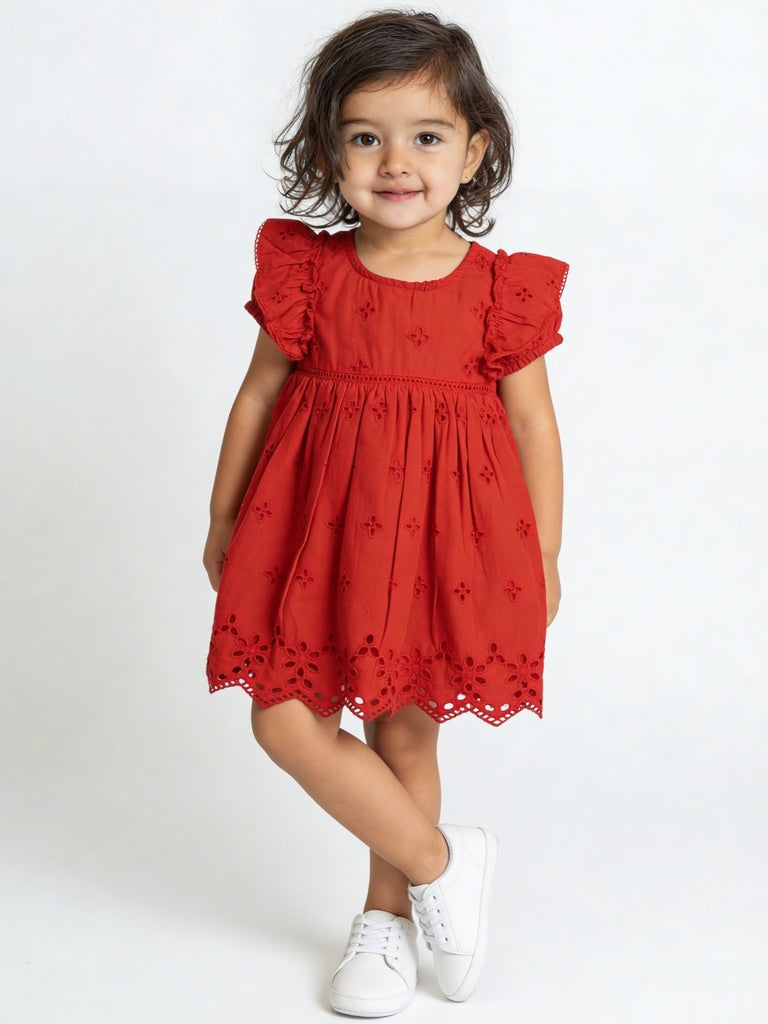 HOP Baby Girls Red Embroidered Cotton Dress
