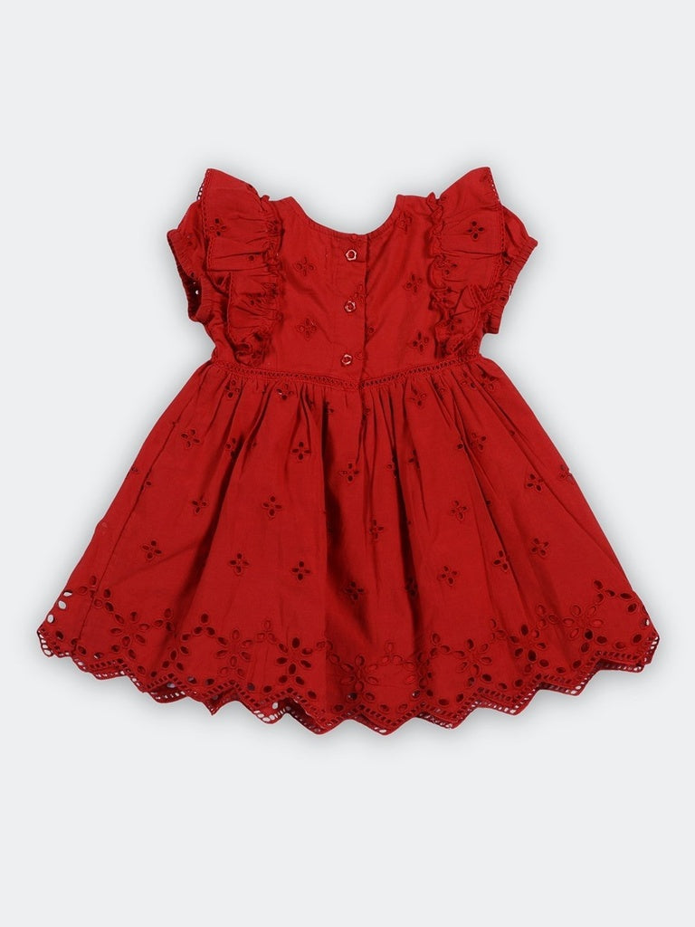HOP Baby Girls Red Embroidered Cotton Dress