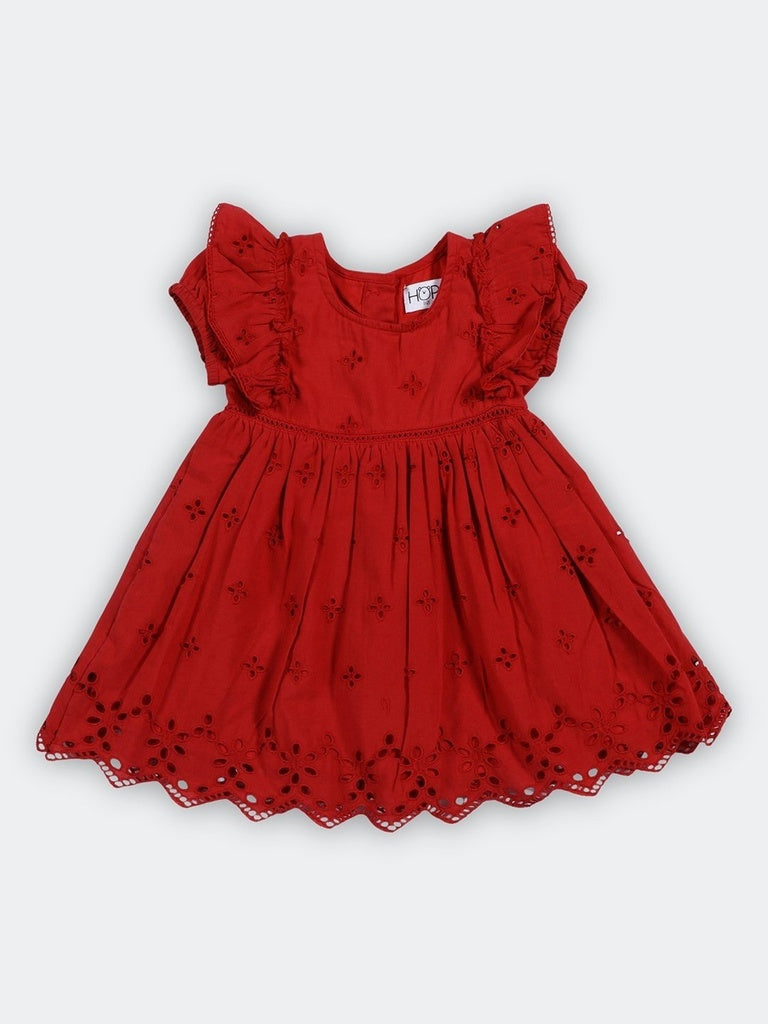 HOP Baby Girls Red Embroidered Cotton Dress
