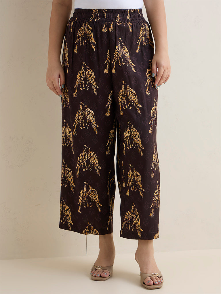 Diza Dark Brown Bird Printed Palazzos