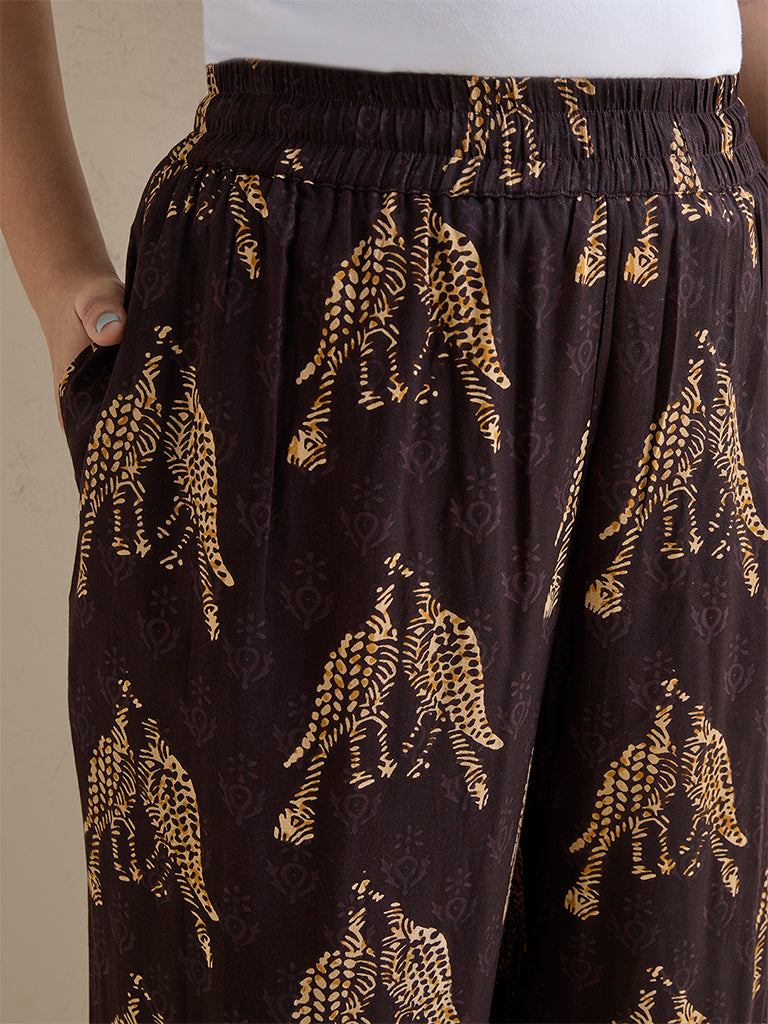 Diza Dark Brown Bird Printed Palazzos