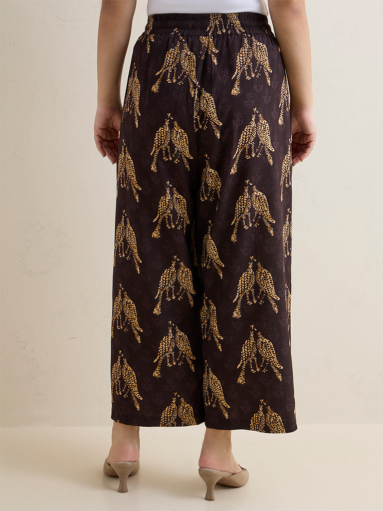 Diza Dark Brown Bird Printed Palazzos