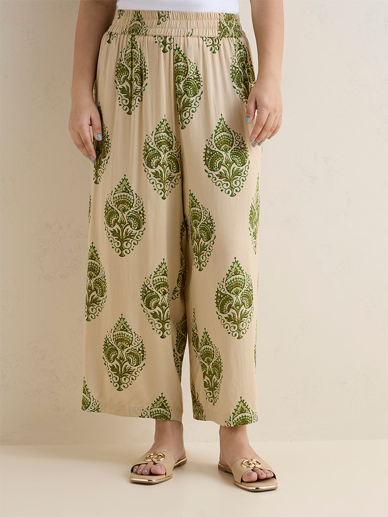 Diza Beige Botanical Printed Palazzos