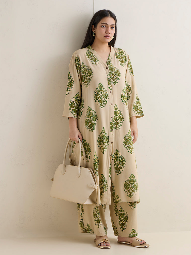 Diza Beige Botanical Printed Palazzos