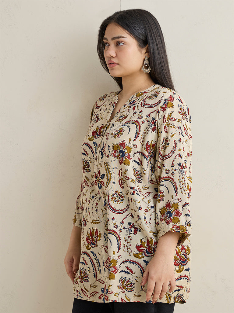 Diza Beige Floral Printed Tunic