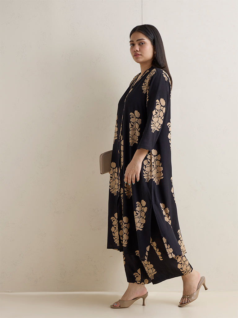 Diza Black Floral Printed A-Line Kurta