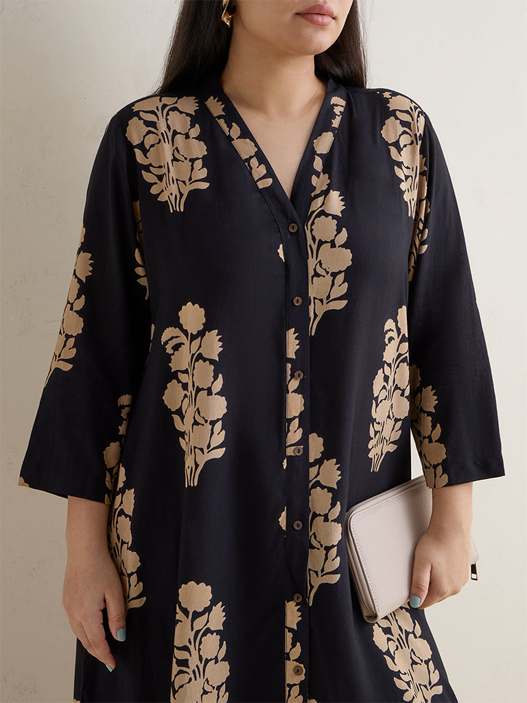Diza Black Floral Printed A-Line Kurta