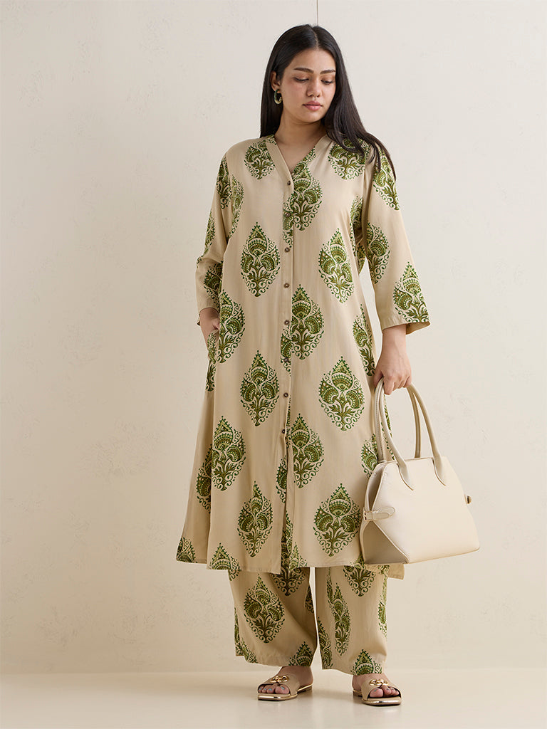 Diza Beige Botanical Printed A-Line Kurta