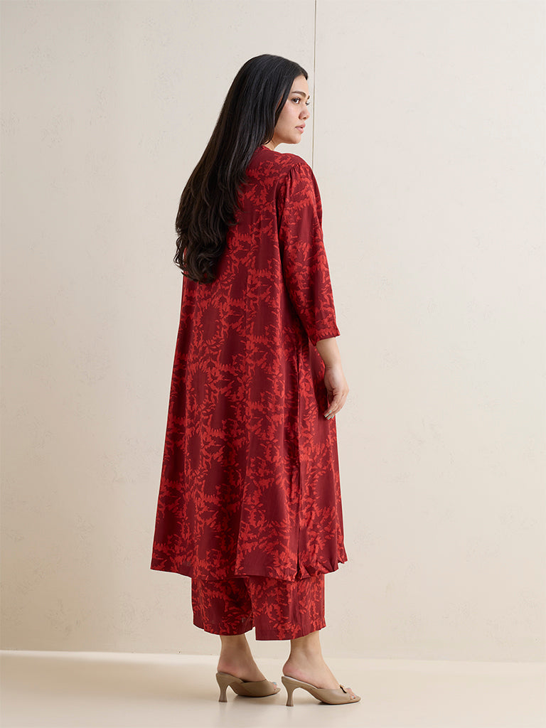 Diza Red Floral Printed A-Line Kurta