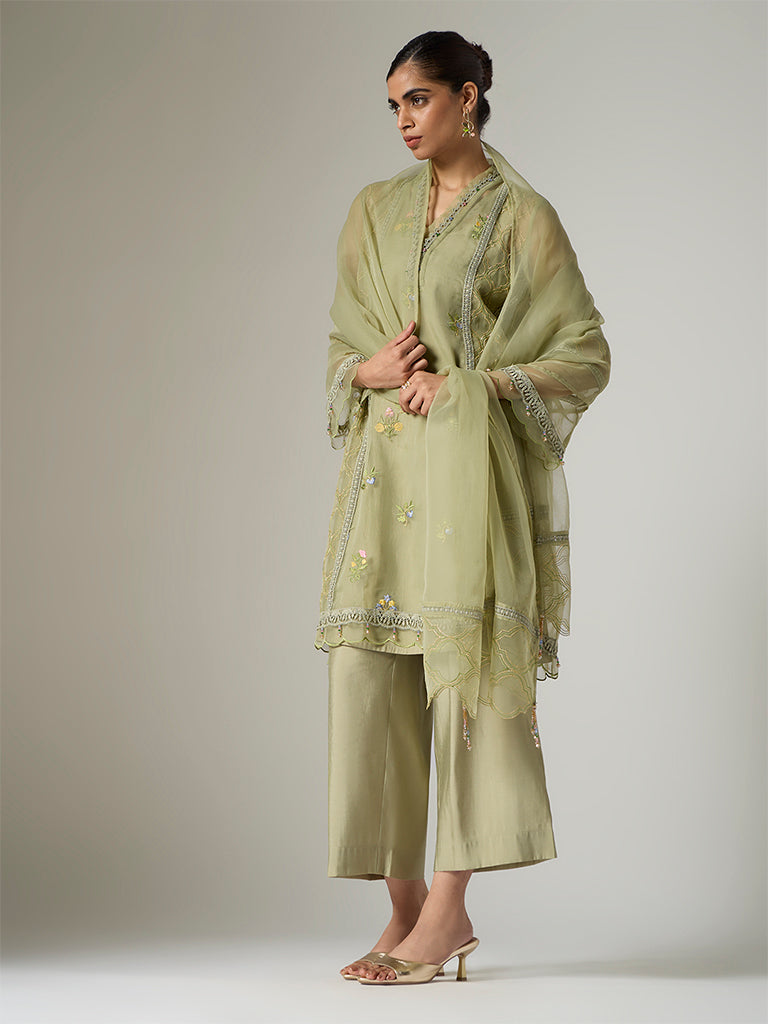 Vark Sage Floral Embroidered A-Line Ethnic Set