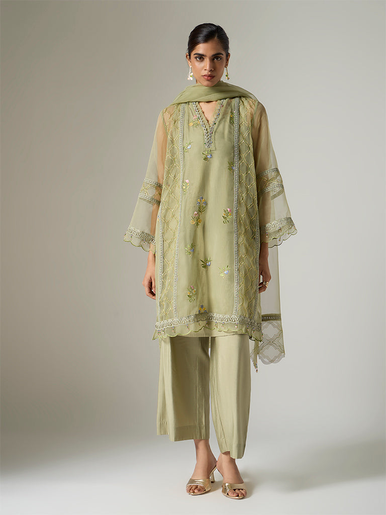 Vark Sage Floral Embroidered A-Line Ethnic Set