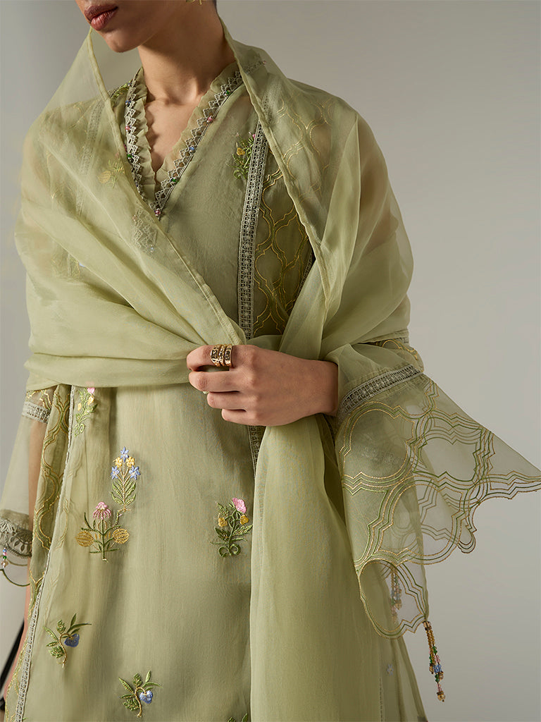 Vark Sage Floral Embroidered A-Line Ethnic Set
