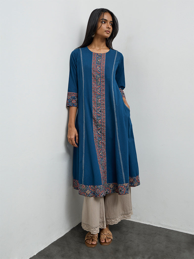 Utsa Indigo Printed Cotton A-Line Kurta