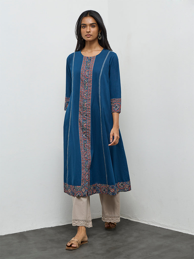 Utsa Indigo Printed Cotton A-Line Kurta
