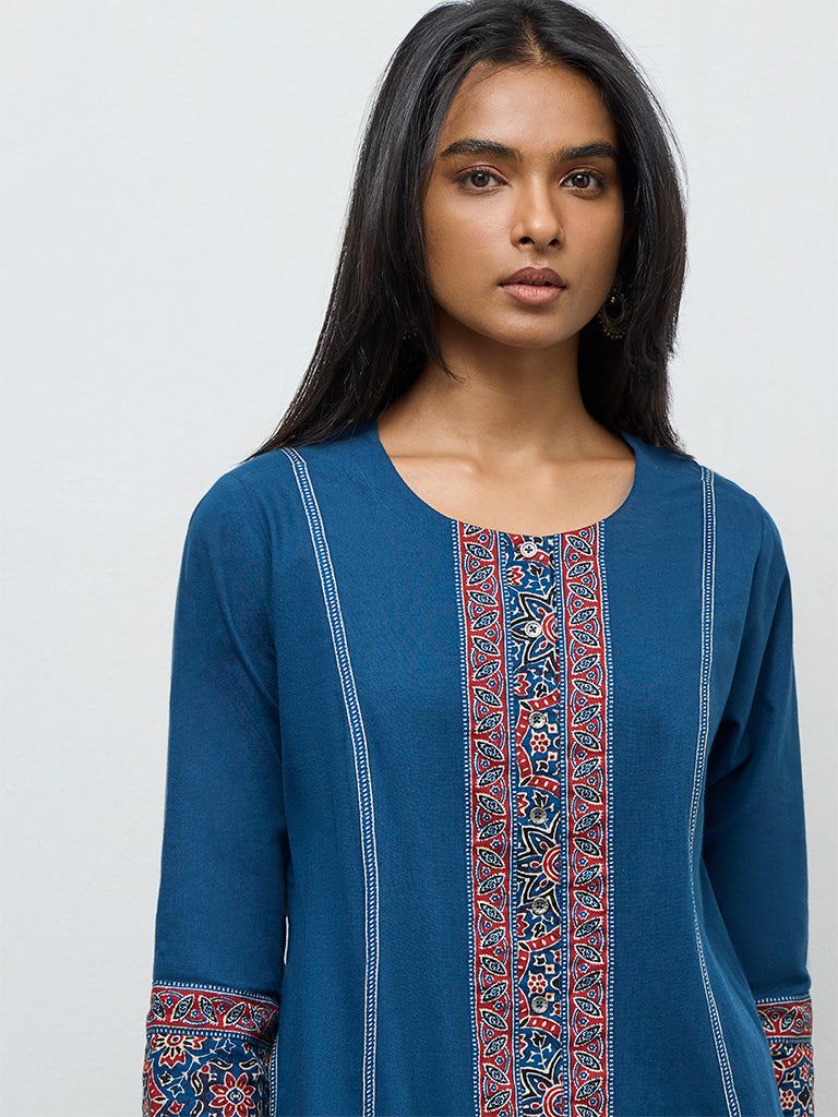 Utsa Indigo Printed Cotton A-Line Kurta