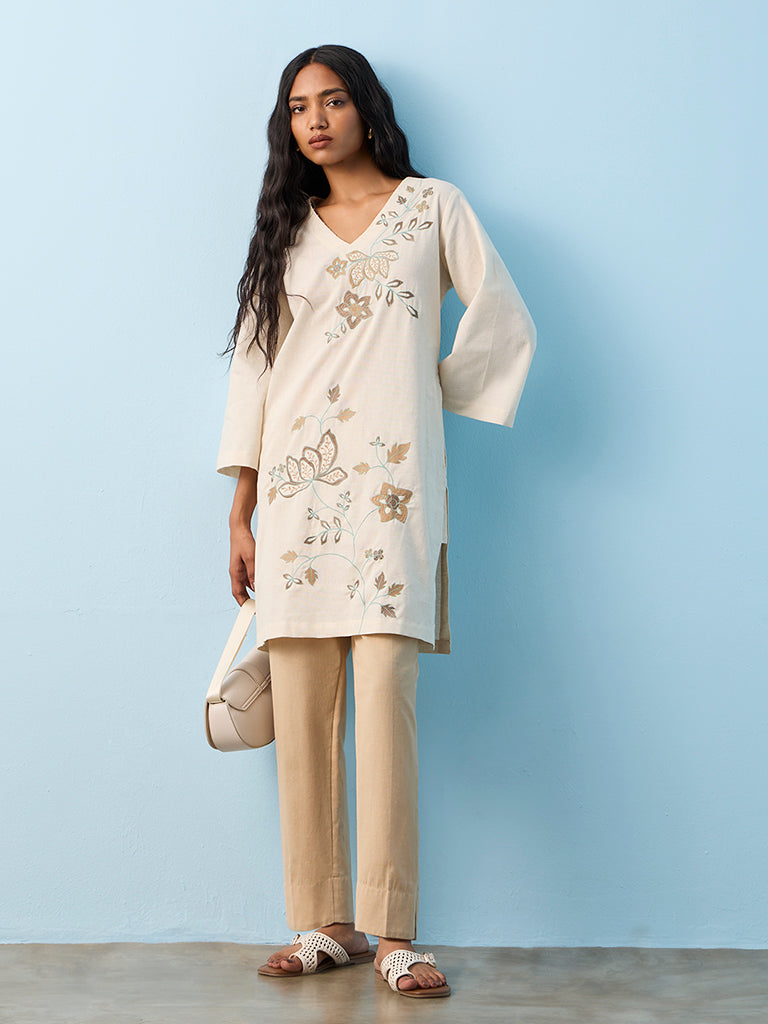 Utsa Beige Solid Cotton-Blend Pants