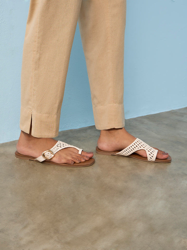 Utsa Beige Solid Cotton-Blend Pants