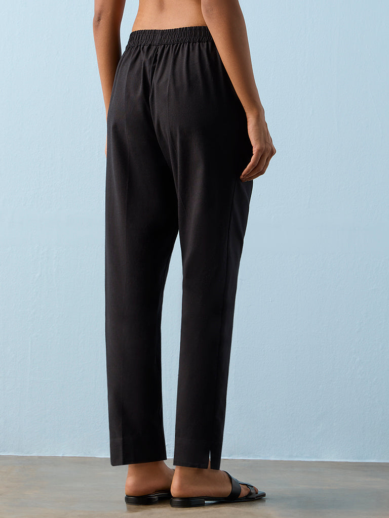 Utsa Black Solid Cotton-Blend Pants