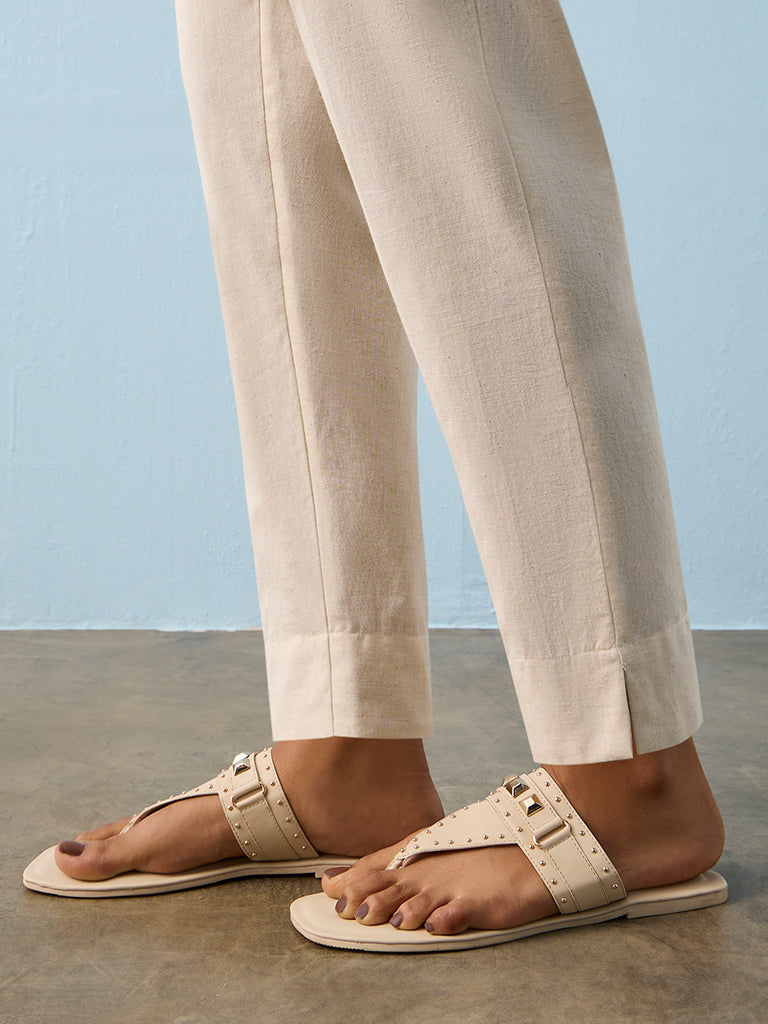 Utsa Beige Solid Cotton-Blend Pants
