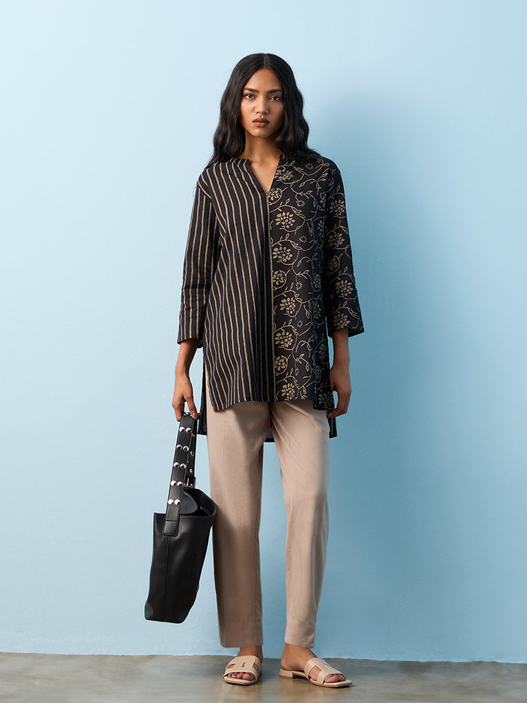 Utsa Taupe Solid Cotton-Blend Pants