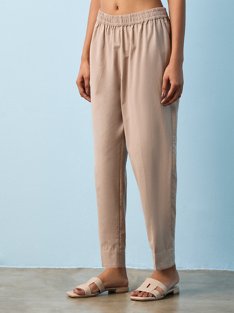 Utsa Taupe Solid Cotton-Blend Pants