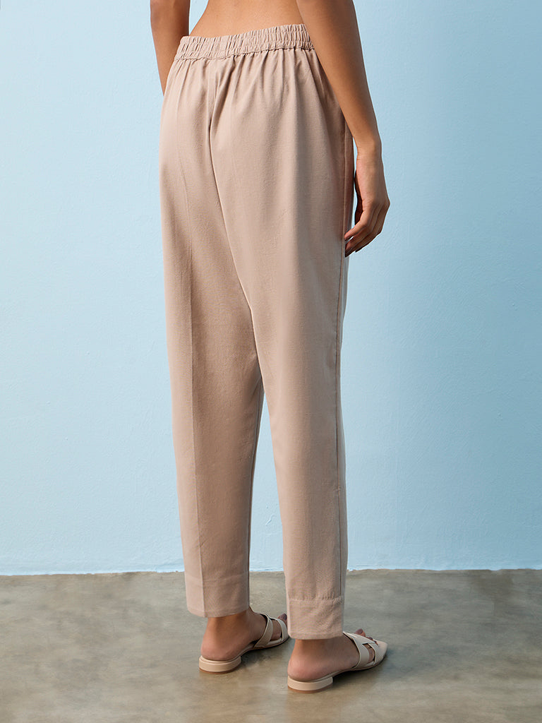 Utsa Taupe Solid Cotton-Blend Pants