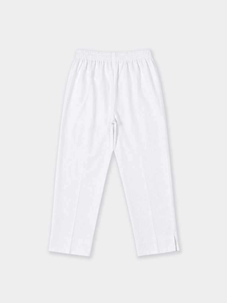 Utsa White Solid Cotton-Blend Pants