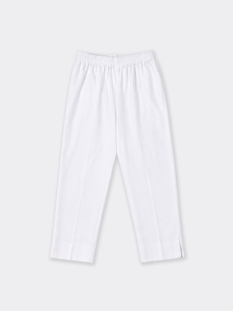 Utsa White Solid Cotton-Blend Pants
